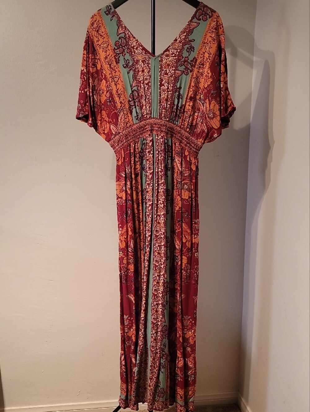Nostalgia Kaftan Multicolor Floral Boho Hippie Chic Maxi Dress w Beaded Neckline